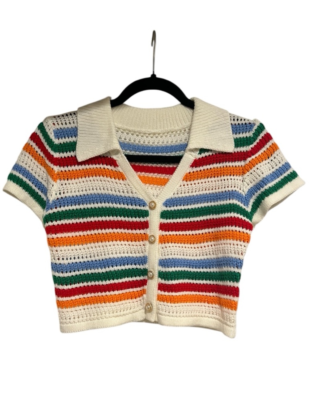 Cream Crochet Crop Cardigan with Rainbow Stripes- Size S